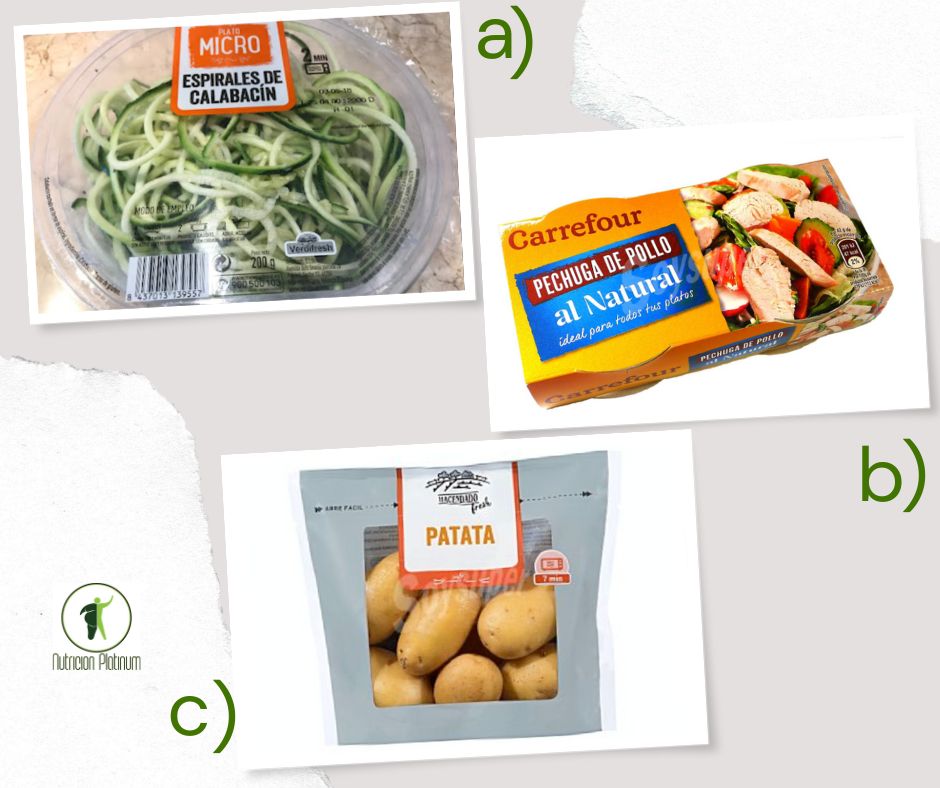 Espaguetis de calabacín con pechuga de pollo en lata y patatas en el microondas.